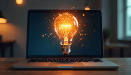 Creative Light Bulb with Glowing Particles Floating in Front of Laptop in Office Settingの素材