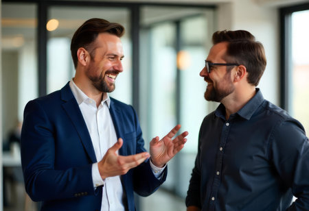 Two Professional Men Engaged in a Friendly Office Conversationの素材