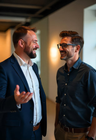 Two Professional Men Engaged in a Friendly Office Conversationの素材