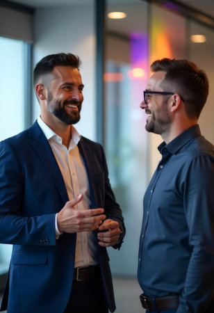 Two Professional Men Engaged in a Friendly Office Conversationの素材