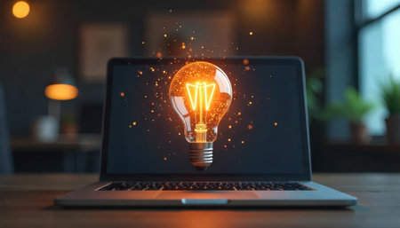 Creative Light Bulb with Glowing Particles Floating in Front of Laptop in Office Settingの素材