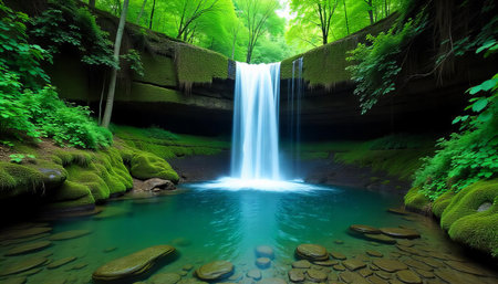 Serene Waterfall in Lush Forestの素材