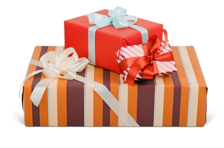Beautiful gift boxes with bows  isolated on white  Objects with Clipping Pathsの写真素材