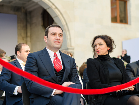 TBILISI, GEORGIA - NOVEMBER 17: Georgian Defense Minister Irakli Alasania and his wife Natia Pandzhikidze at the inauguration of President of Georgia. on November 17, 2013 in Tbilisi.のeditorial素材