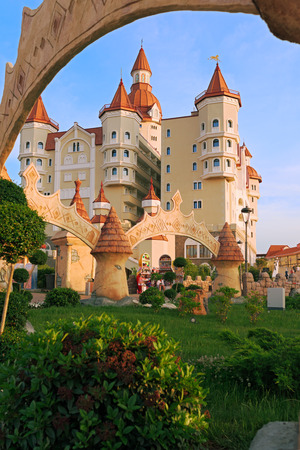 SOCHI, RUSSIA - MAY 25, 2015: Sochi adventure park, the hotel complex "Bogatyr", styled medieval castle. Built for the 2014 sports competition Games.のeditorial素材