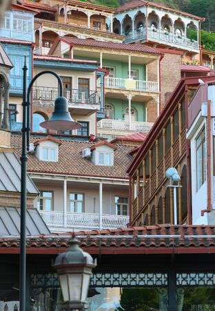 Traditional wooden carving balconies of Old Town of Tbilisiの写真素材