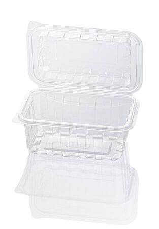 Empty transparent plastic food container isolated on white with clipping pathの写真素材