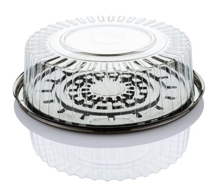 empty transparent plastic cake box isolated on white background with clipping pathの写真素材