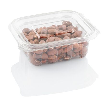 peanuts groundnuts in a transparent plastic container isolated on a white background with clipping pathの写真素材