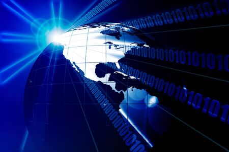 A digital binary internet world showing North America, USA and South Americaの写真素材