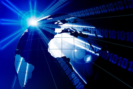A digital binary internet world showing Europe, Africa, Middle East and Russiaの写真素材