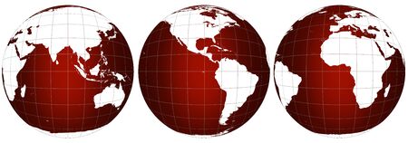 Three world map scenes in red glowing 3D isolatable at high resolutionの写真素材
