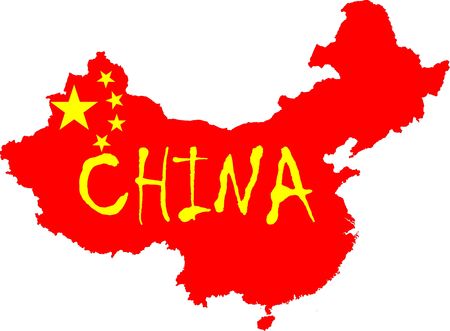The Chinese flag yellow stars and red colored flag placed over a map of China. Highly detailed country outline.のeditorial素材