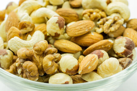 Nuts mixed in a transparent bowl