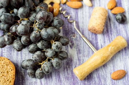 Dark grapes bunch on the table. Near bread, nuts, corkscrew and cork.の写真素材