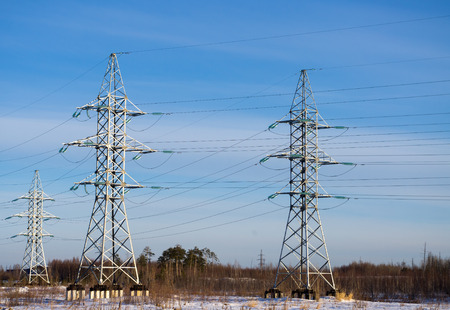 Power transmission towers against the skyのeditorial素材