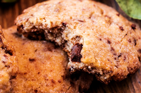 Chocolate chip cookies on a table close-up.