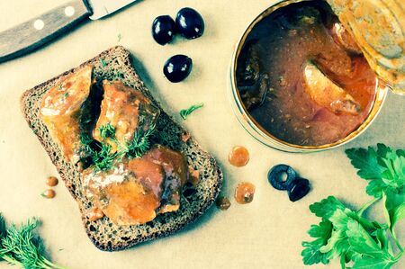 Sandwich with canned fish in tomato sauceの写真素材