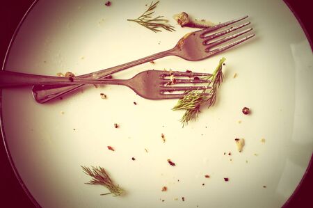Leftovers into an empty plate and two forksの写真素材