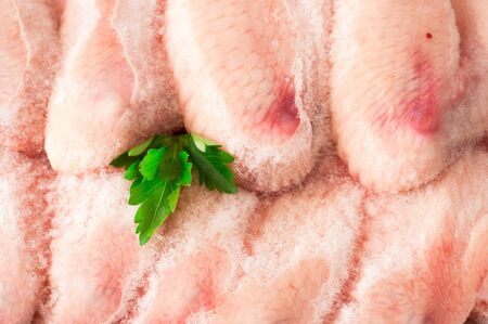 Frozen chicken wings covered with iceの写真素材