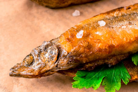 Fish and chips, fish in batter into slices of French fries on paper and newspaperの写真素材