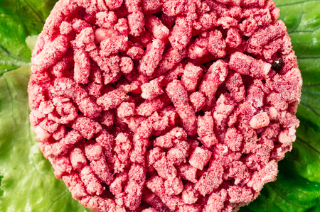 Frozen hamburger ground beef on lettuceの写真素材