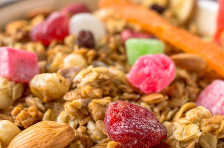 Muesli with dried fruit, candy, berries and nutsの写真素材
