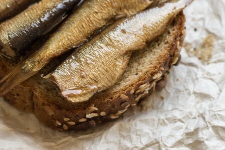 Sardines on a piece of bread close-up on paperの写真素材