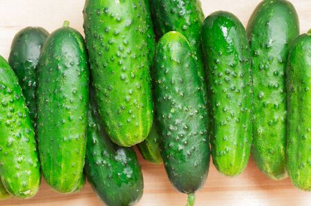 Fresh cucumbers, green a heap of top viewの写真素材