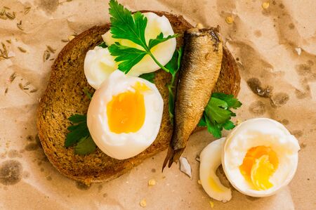 Street food sandwich with egg and fish sardines on paper top viewの写真素材