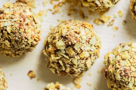 Closeup of chocolate truffles top viewの写真素材