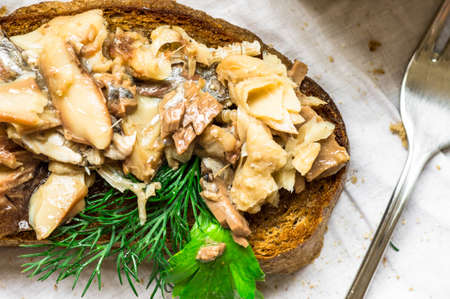 Canned fish in oil herring sandwich in rustic styleの写真素材