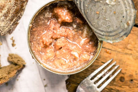 Canned beef stew in rustic style top viewの写真素材