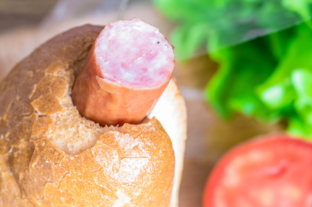 Sausage smoked hotdog tip in closeupの写真素材