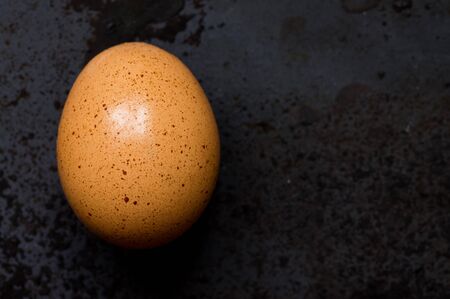 Brown egg on black background closeup. Simple food concept