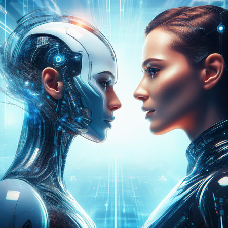 A captivating and intriguing faceoff between the concepts of human evolution and robotic innovation and technologyの素材