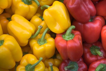 A pile of organic red and yellow pepper vegetables at a farmer's market.
