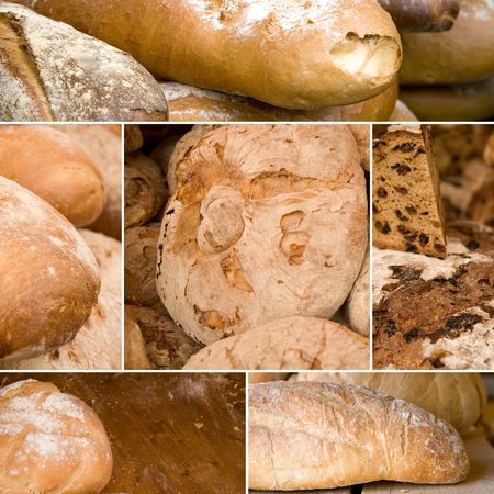 Collage of fresh traditional bread on bakeries.の写真素材
