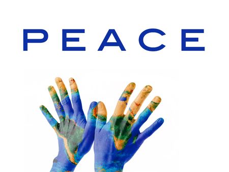 A pair of hands on a bird-kind position, painted as the Earth planet and symbolizing Peace on Earth.の写真素材