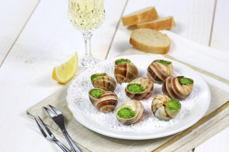 Escargots, traditional French dish: snails sauce Burgundy and a glass of white wineの写真素材