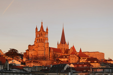 Landmark Switzerland. Lausanne. View of the Gothic cathedral, sunset.の写真素材