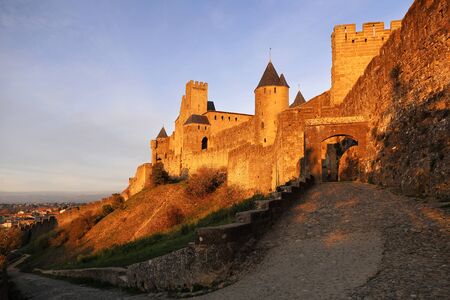 Medieval architecture of France: Carcassonne fortress at sunsetのeditorial素材