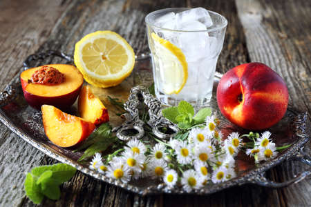 Summer refreshing drink making. Fruits, ice and mintの写真素材