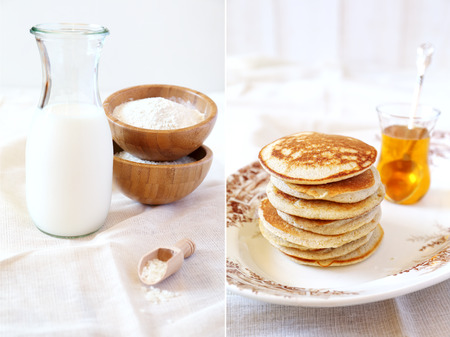 Gluten-free: Pancake with rice milk and rice flour and ingredients. Diptychの写真素材