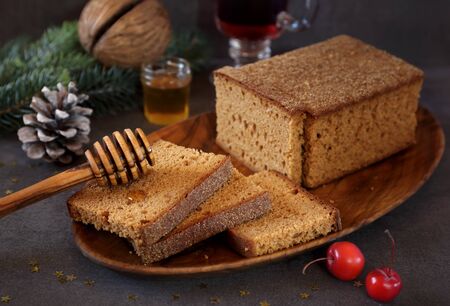 French spice bread, honey and mulled wine. Toned image