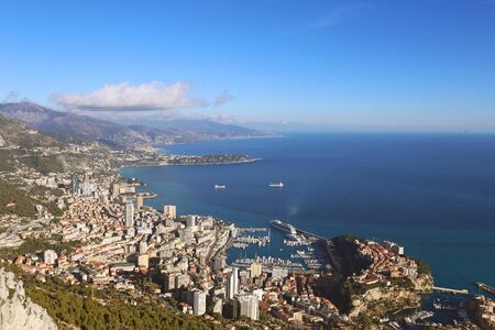 French riviera, the top view on Principality of Monaco, Mediterranean Sea and the coastlineの写真素材