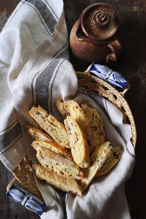 Italian biscuits: almonds and cranberries biscotti. Rustic style, top view, focus selectiveの写真素材