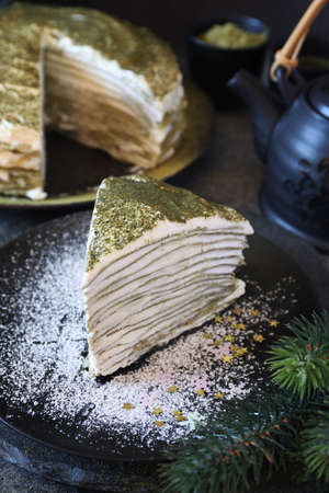 Matcha green tea pancake cake, New Year dessertの写真素材