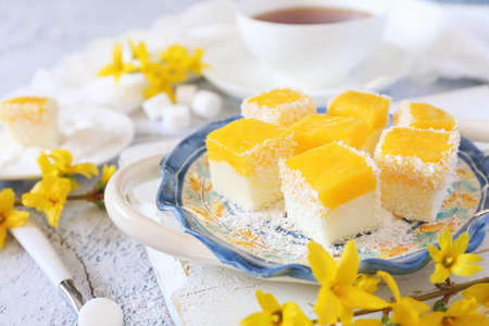 Homemade panna cotta and yellow fruits cubes sweets in coconut flakes and cup of tea on light background, blooming forsythia decorの写真素材