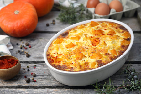 french cuisine. Vegetable pumpkin clafoutis in ceramic bakeware, smoked paprika dressing, on gray wooden background, rustic styleの写真素材